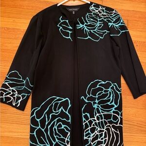 Ming Wang long cardigan - black with teal and white embroidery, size M